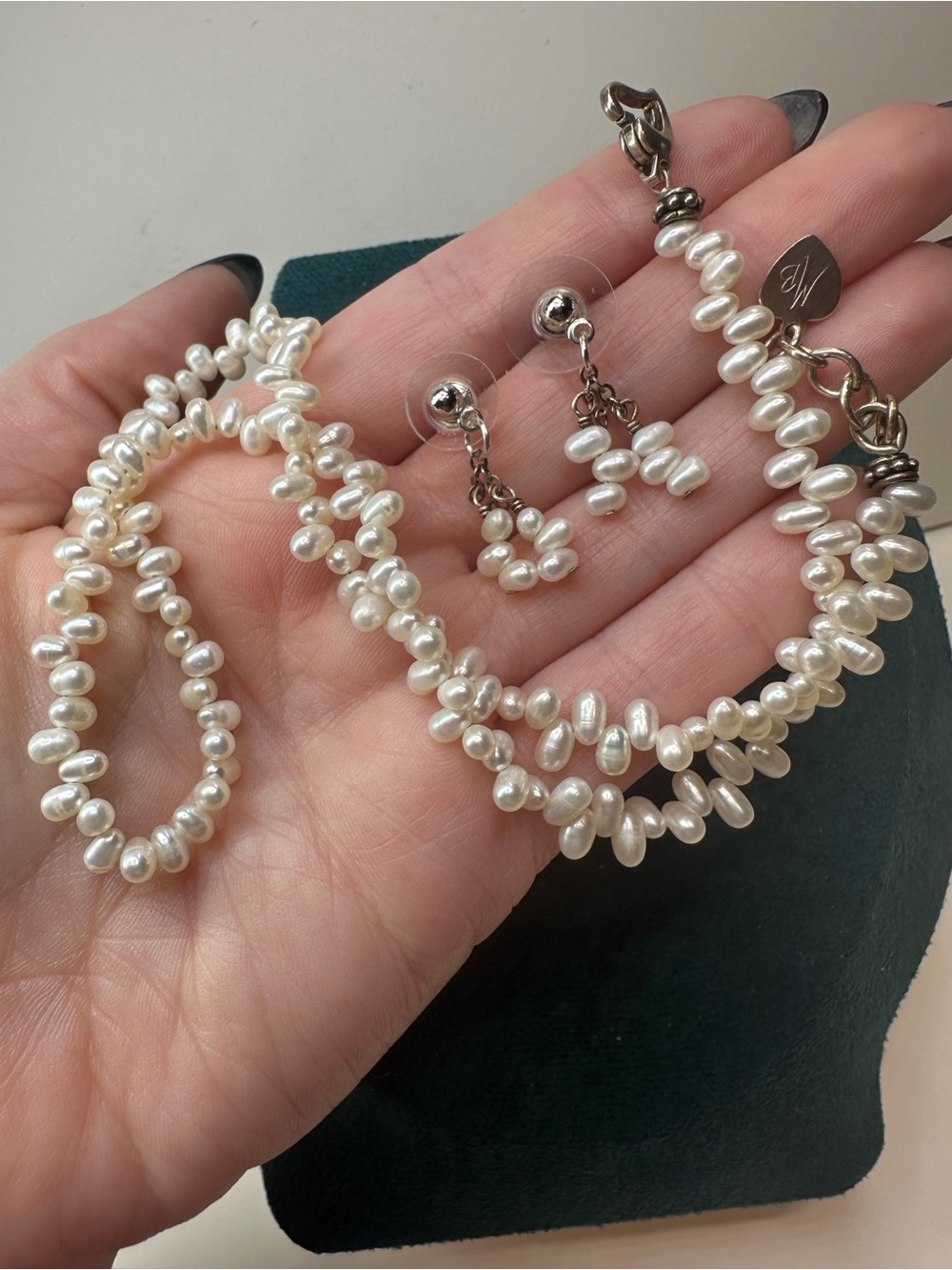 Genuine Pearl Necklace Earrings Set Sterling Silver 925 Signed MB Jewelry Design - Picture 5 of 15